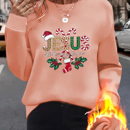 Women's Fleece-Lined Round Neck Pullover Sweatshirt - "JESUS" Christmas Print, Comfortable Loose Fit for All Seasons, Festive Holiday Design Casual Top