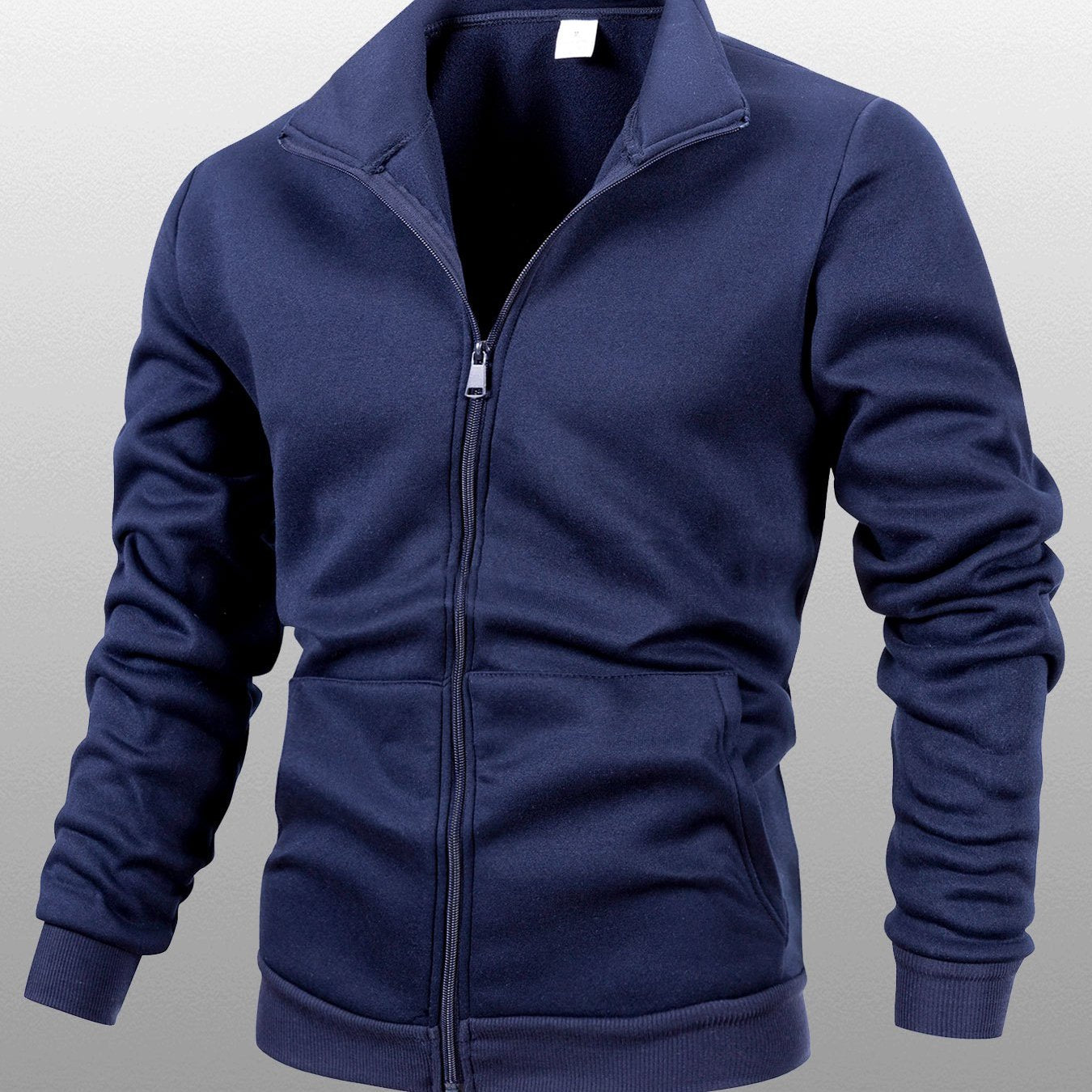 Men's Stand Collar Zip-Up Solid Color Fleece Jacket Long Sleeve Casual Sport Hoodless Coat with Large Side Pockets, Suitable for Daily Wear, Outdoor Activities, Hiking