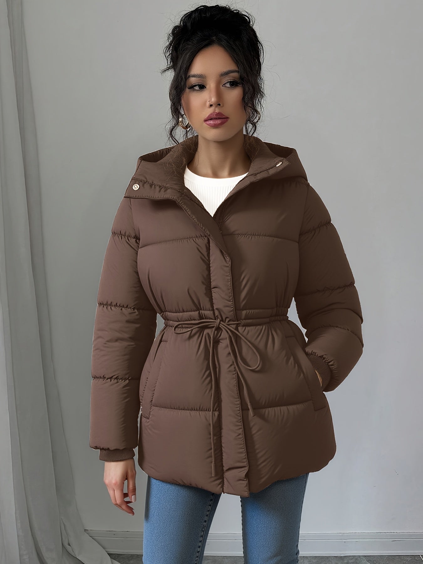 Women'S Elegant Black Puffer Jacket - Mid-Length Loose Fit with Adjustable Drawstring Waist, Long Sleeves, and Front Zipper, Casual Winter Outerwear for Cold Weather, Winter Jacket