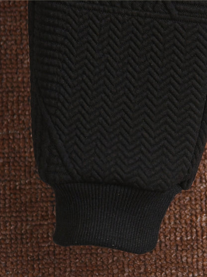 2pcs Boys' Casual Outfit Set, Long Sleeve Hooded Jacket with Embroidery and Zipper, Geometric Pattern Knit Pants, Polyester with Spandex Lining, Regular Fit for Autumn/Winter, for Outdoor