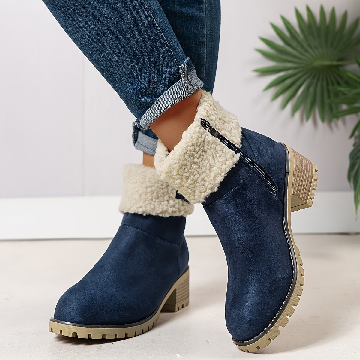 Chunky And Clssic Women'S Ankle Boots, Comfortable And Elegent Woemen Shoes. Warmth Khaki、Black And Beige Winter Women' Boots. Solid-Colored. Fleece-Lined Boots, Heighten And Non-Slip Lighhtweight Shoes with Cute Round Toe.