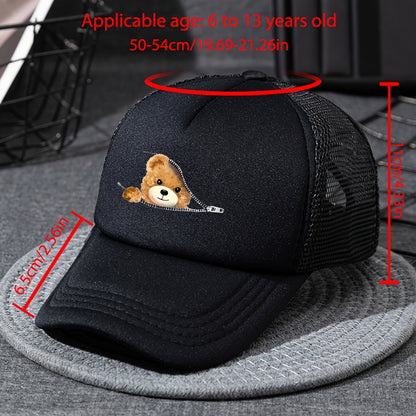 Kids' Breathable Mesh Baseball Cap with Teddy Bear Design - Adjustable Snapback, Sun-Protective Trucker Hat for Boys & Girls, Black