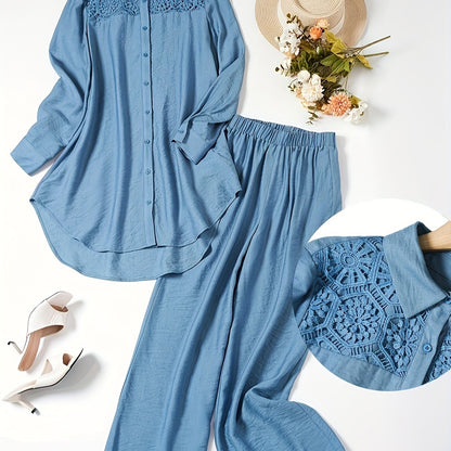 Two-Piece Women'S Solid Color Long Sleeve Shirt and Pants, Minimalist Everyday Casual Fashion Set [NS702], Polyester, Contrast Lace Detail, Elegant Style, for Spring/Summer