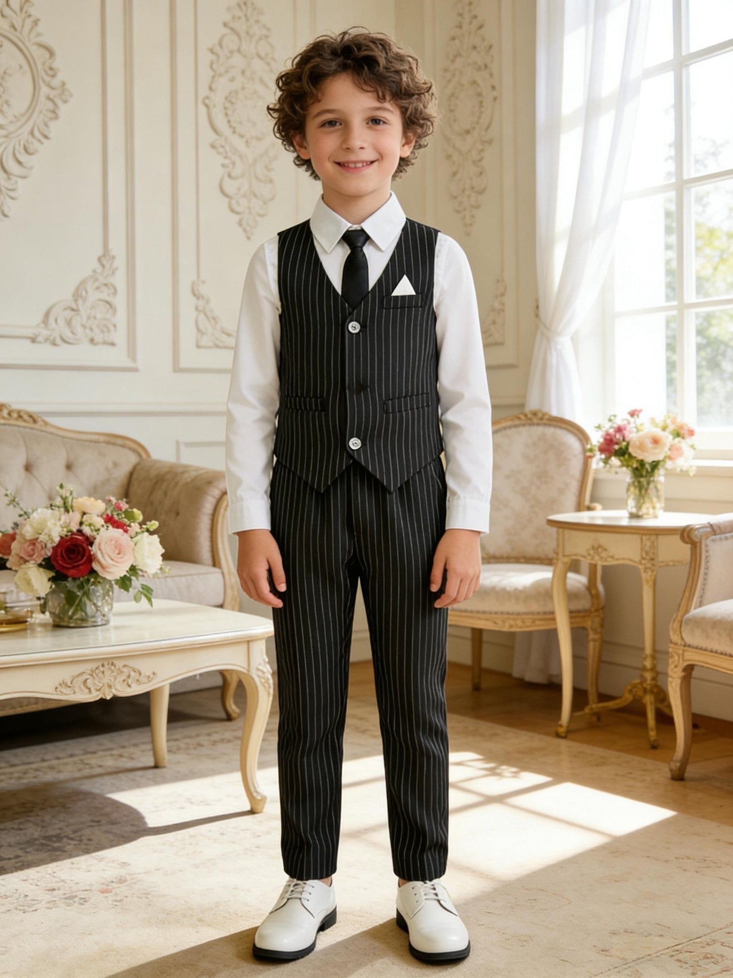 Boys' Striped Vest Suit Set with Tie - Formal 3pcs Outfit