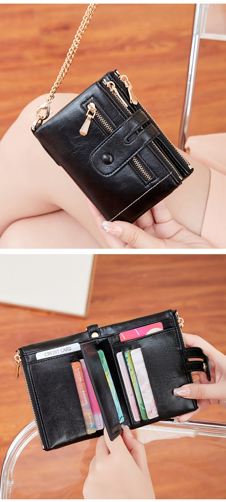 MIYIN Women'S & Men'S Red Bifold Wallet with Anti-Theft Chain Lock, Golden-Tone Hardware & Removable ID Window - Multi-Compartment Organizer with Card Slots