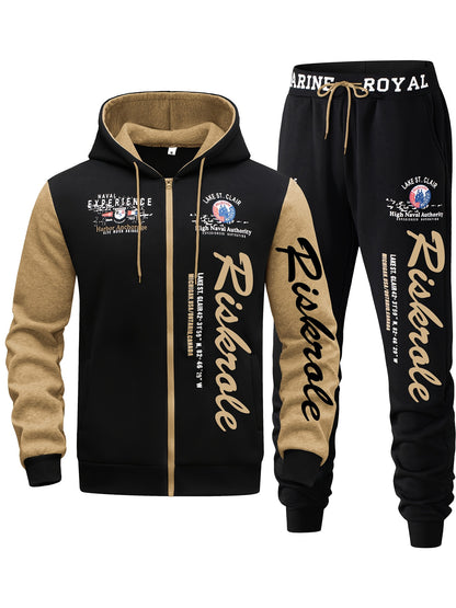 Men's Hooded Letter Print Tracksuit, 2pcs Casual Sports Set, Fashion Hoodie With Full-zip And Elastic-waist Pants, Regular Fit, Outdoor Cloth
