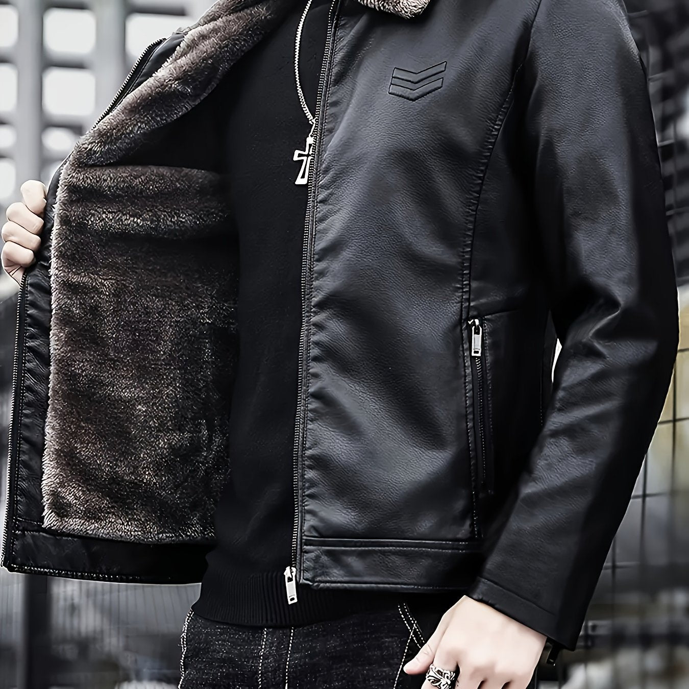 Siji Dou OBM Men's Coat, New Autumn/Winter Fleece-Lined Jacket with Faux Fur Collar, Trendy Casual Jacket for Men