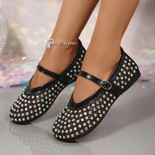 Elegant Women's Mary Jane Shoes with Rhinestone & Mesh Upper