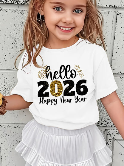 Girls' 2026 New Year T-Shirt - Hello 2026 Happy New Year Graphic Tee with Golden Number 2026, Heart, & Golden Lettering - Lightweight Summer Top for Birthday Party, Girls Clothes