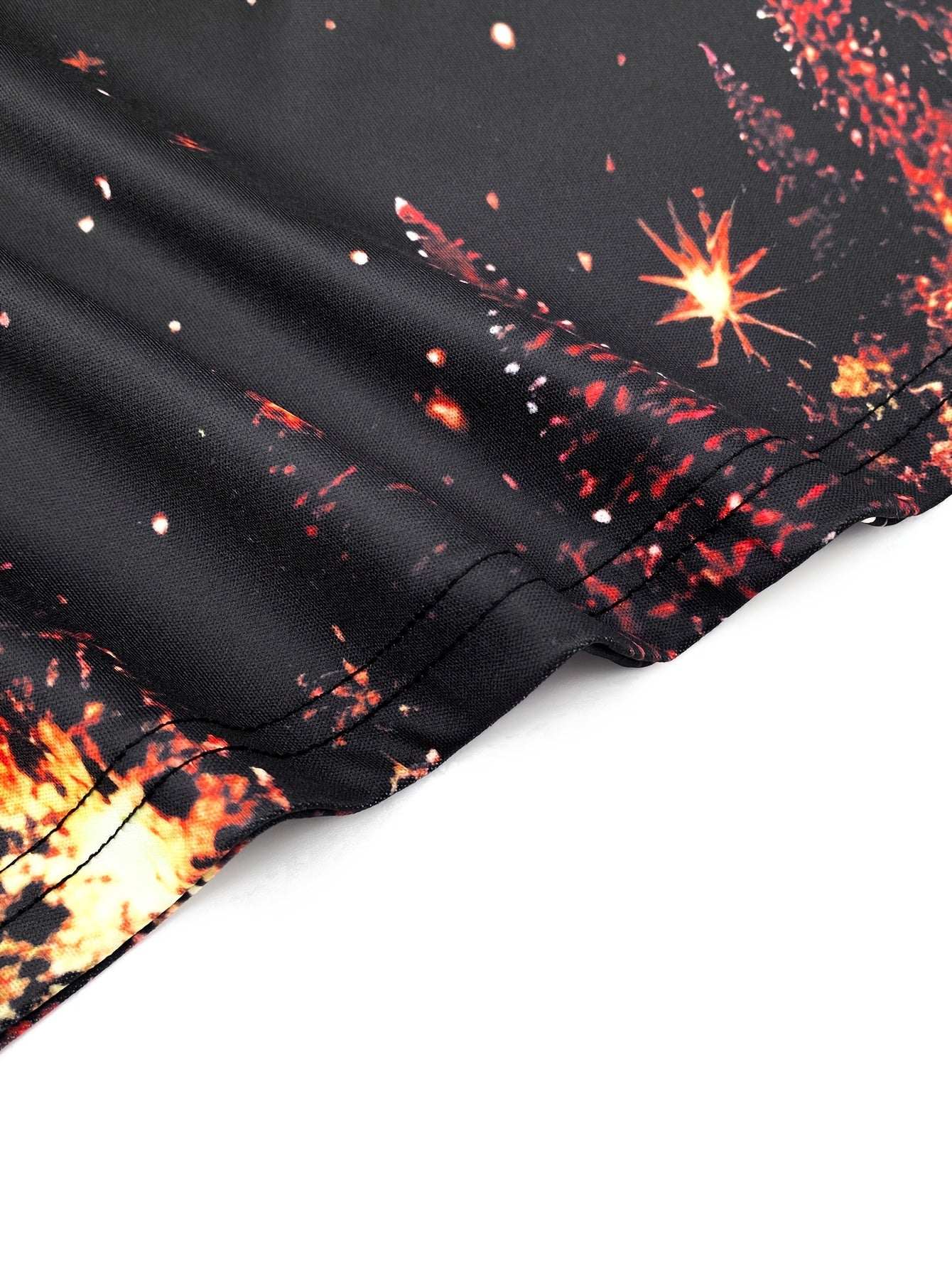 Men's Black & Golden Glittering Fireworks Print Tuxedo-like Party Shirt - 100% Polyester Knit, Slightly Stretchy Round Neck Short Sleeve, Plus Size Available - Machine Washable Holiday Party Outfit for New Year's Eve, Christm