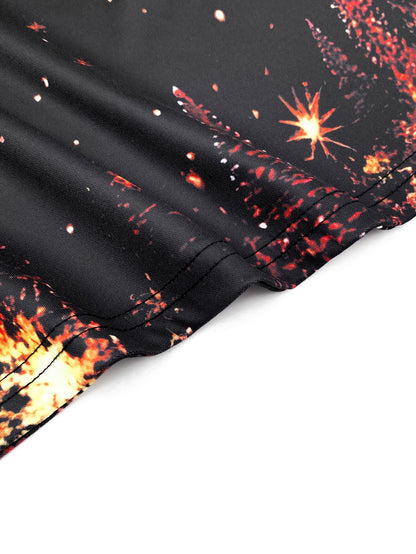 Men's Black & Golden Glittering Fireworks Print Tuxedo-like Party Shirt - 100% Polyester Knit, Slightly Stretchy Round Neck Short Sleeve, Plus Size Available - Machine Washable Holiday Party Outfit for New Year's Eve, Christm