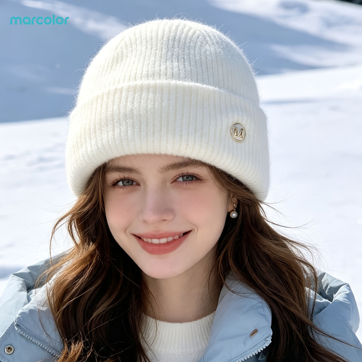 2-Pack Women's Ribbed Knit Beanie Hats with Metal Badge