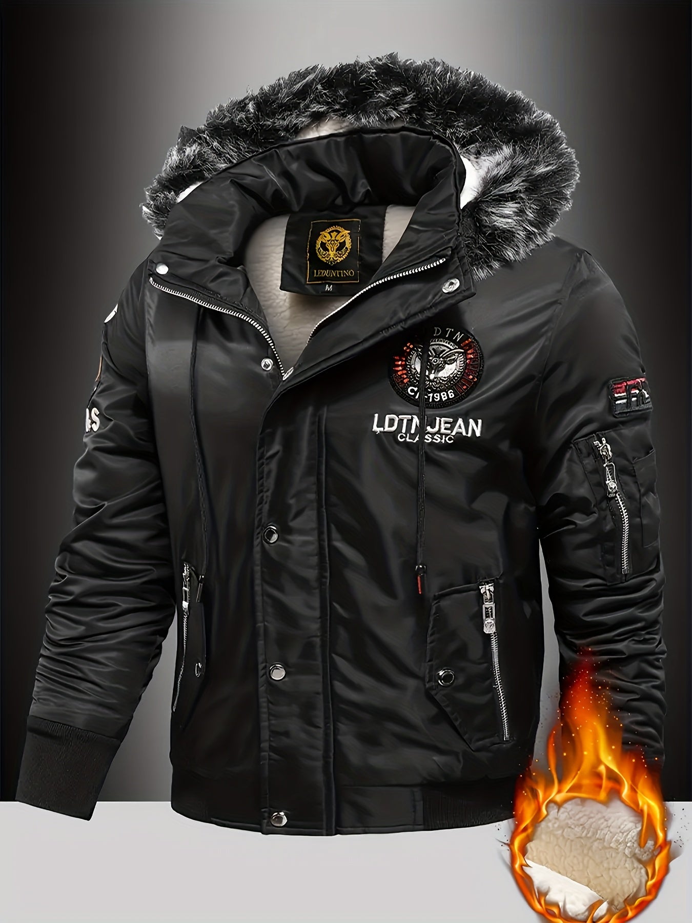 Men'S Heavyweight Winter Jacket with Detachable Hood & 3D Lettering - Full-Zip Windproof Coat, Multi-Pocket Design, Machine Washable