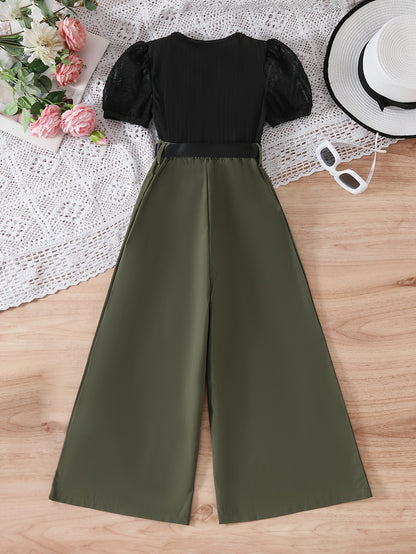 Casual Black Puff Sleeve Top & Apricot Wide-Leg Pants Set