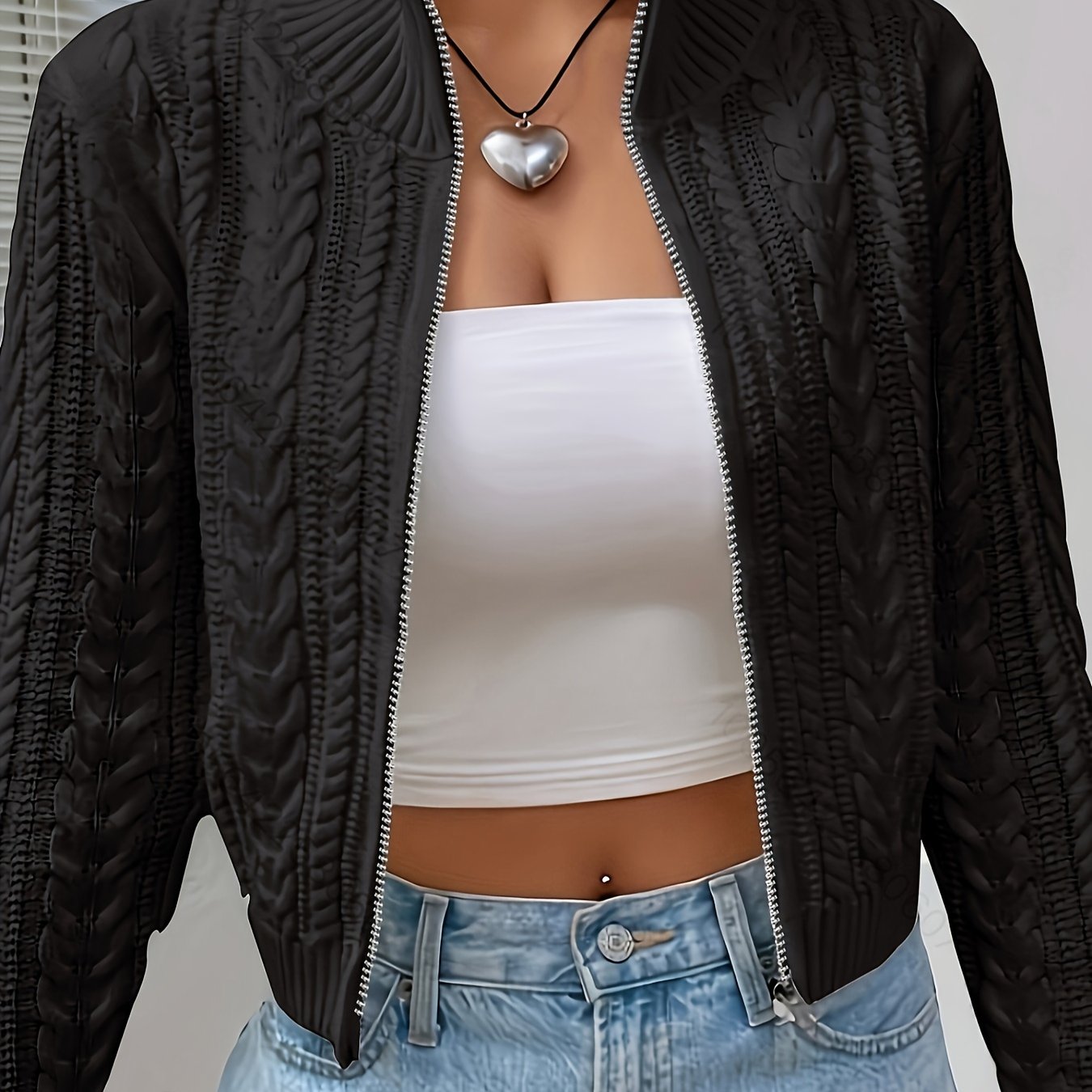 Women's Elegant Zip-Up Cable Cardigan with Stand Collar - Machine Washable Spring/Fall Jacket, White Solid Color, Braided Design & Zipper Front for Casual or Dressy Outfits, Cardigan Sweater, Autumn Layering Piece, Spring Out