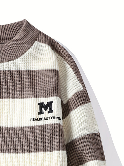 Men's 2025 Autumn/Winter Striped Sweater for Youth with Color Block Round Neck Casual Warm Knitwear