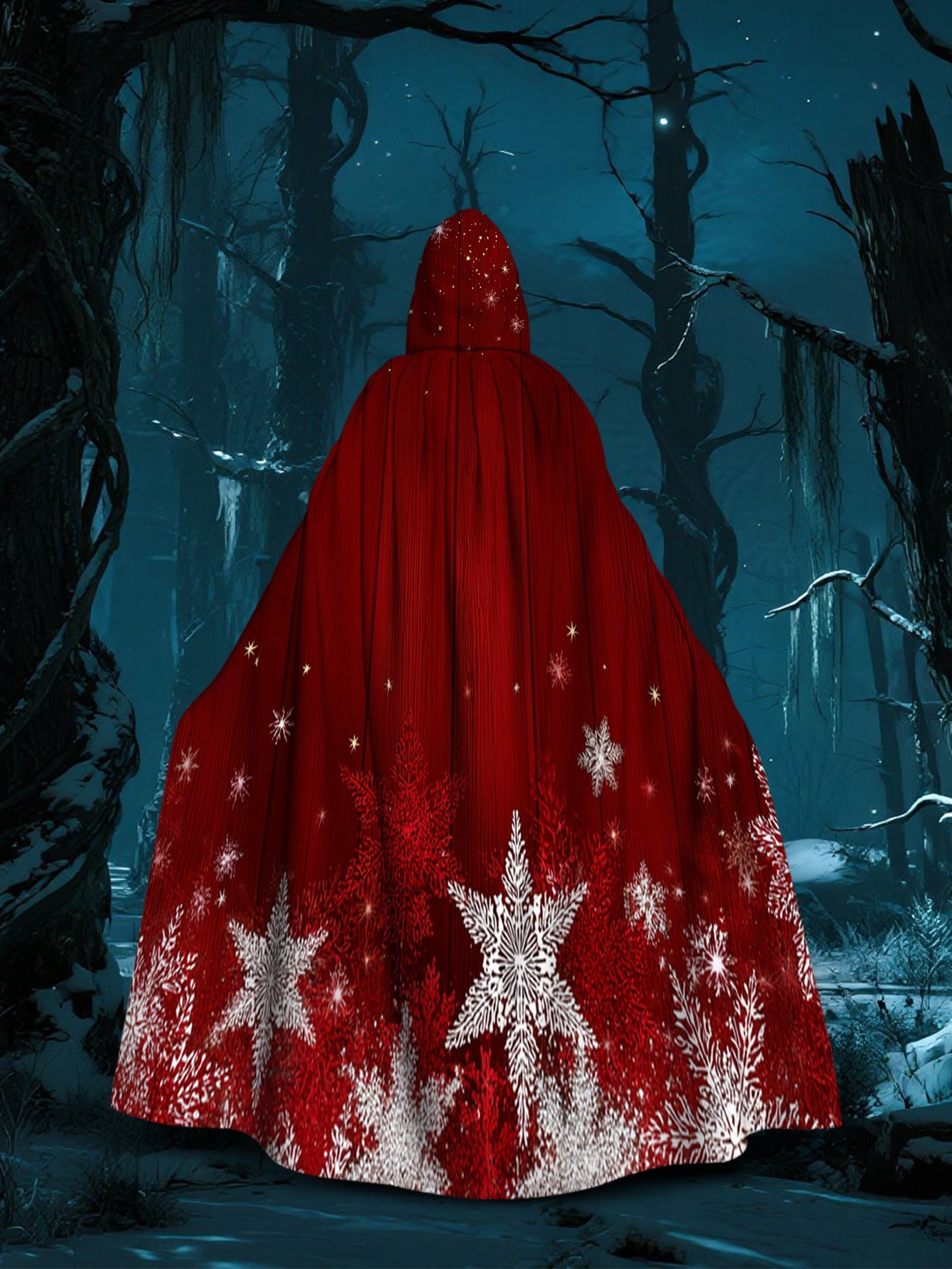 1pc Red & White Snowflake Cape with Hood - Long Flowing Winter Costume for s &, Christmas Party Costume, New Year's Eve Outfit, Themed Events - Machine Washable 100% Polyester Coat (Star Pattern Back), 2D Flat