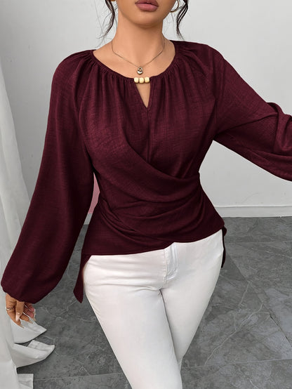 Women'S Elegant Beaded Wrap Shirt - Long Sleeve Round Neck Blouse with Beaded Embellishment, Solid Burgundy/Red/Pink/ - Casual to Formal