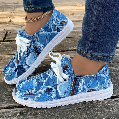 Women's Denim Print Flat Sneakers, Lightweight Round Toe Low Top Shoes, Casual Outdoor Walking Shoes plus size