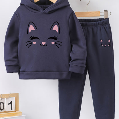 Autumn/Winter Smile Face Kitten Graphic Print Warm Fleece Hooded Sweatshirt And Sports Trousers for Girls, for Outdoor