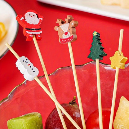 100pcs Festive Christmas Fruit Skewers with Santa, Reindeer, Snowflake & Tree Designs - Disposable Bamboo Picks for Parties, Desserts, Cocktails & Hamburgers, Christmas Dessert Decorations, Durable Fruit Skewers