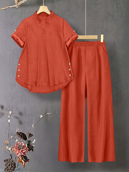 Women's Casual V-Neck Top & Elastic Waist Pants Set