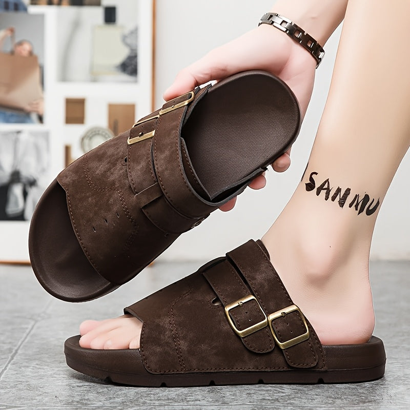 Men's Casual Slip-On Slippers with Adjustable Buckle, Cushioned Sole