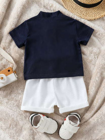Boys' Summer Stand Collar T-Shirt & Contrast Shorts Set - ayq