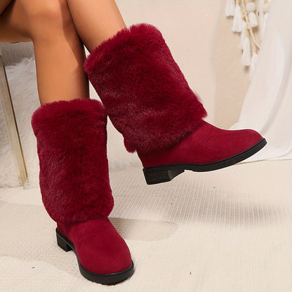 Women's Fashion Solid Color Mid-Calf Fluffy Boots with Slip-On Closure, Plain Toe Platform Heel, Comfy & Warm Fabric-Lined Winter Footwear - TPR Sole, Mid Heel, European Special from Huizhou