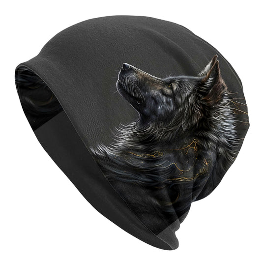 Night Moon Wolf Realistic Wolf Head Design Skull Cap Beanie Hat - Black Unisex Hip Hop Fashionable Winter Hat for Men & Women, Cold Weather Accessory, Stylish Headwear, Highquality Print
