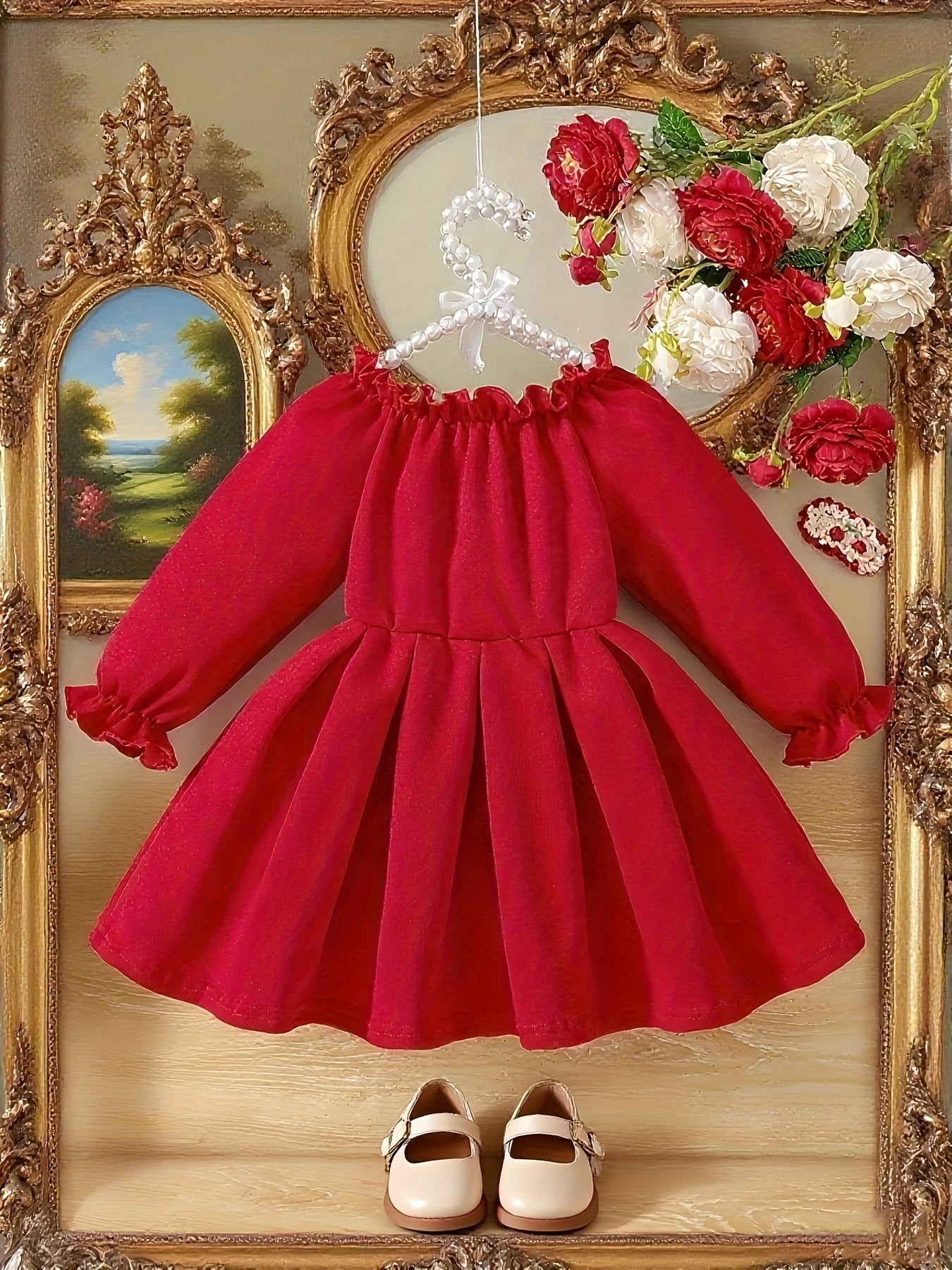 Girls' Long Sleeve Party Dress - Winter Formal & Everyday Outfit, Machine Washable Toddler & Baby Girl Clothing with Front Bow Accent - Rich Red Birthday, Christmas, Photoshoot Dress