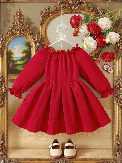Girls' Long Sleeve Party Dress - Winter Formal & Everyday Outfit, Machine Washable Toddler & Baby Girl Clothing with Front Bow Accent - Rich Red Birthday, Christmas, Photoshoot Dress