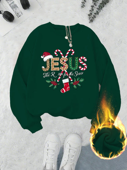 Women's Fleece-Lined Round Neck Pullover Sweatshirt - "JESUS" Christmas Print, Comfortable Loose Fit for All Seasons, Festive Holiday Design Casual Top