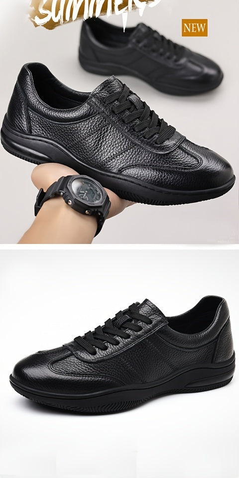 [Sneakers] Genuine Faux Leather Men'S Outdoor Casual Shoes - Comfortable And Versatile Soft Surface Lightweight Walking Shoes - High-Quality Black Lace-Up Minimalist Retro Rubber Sole Men'S Shoes - ayq