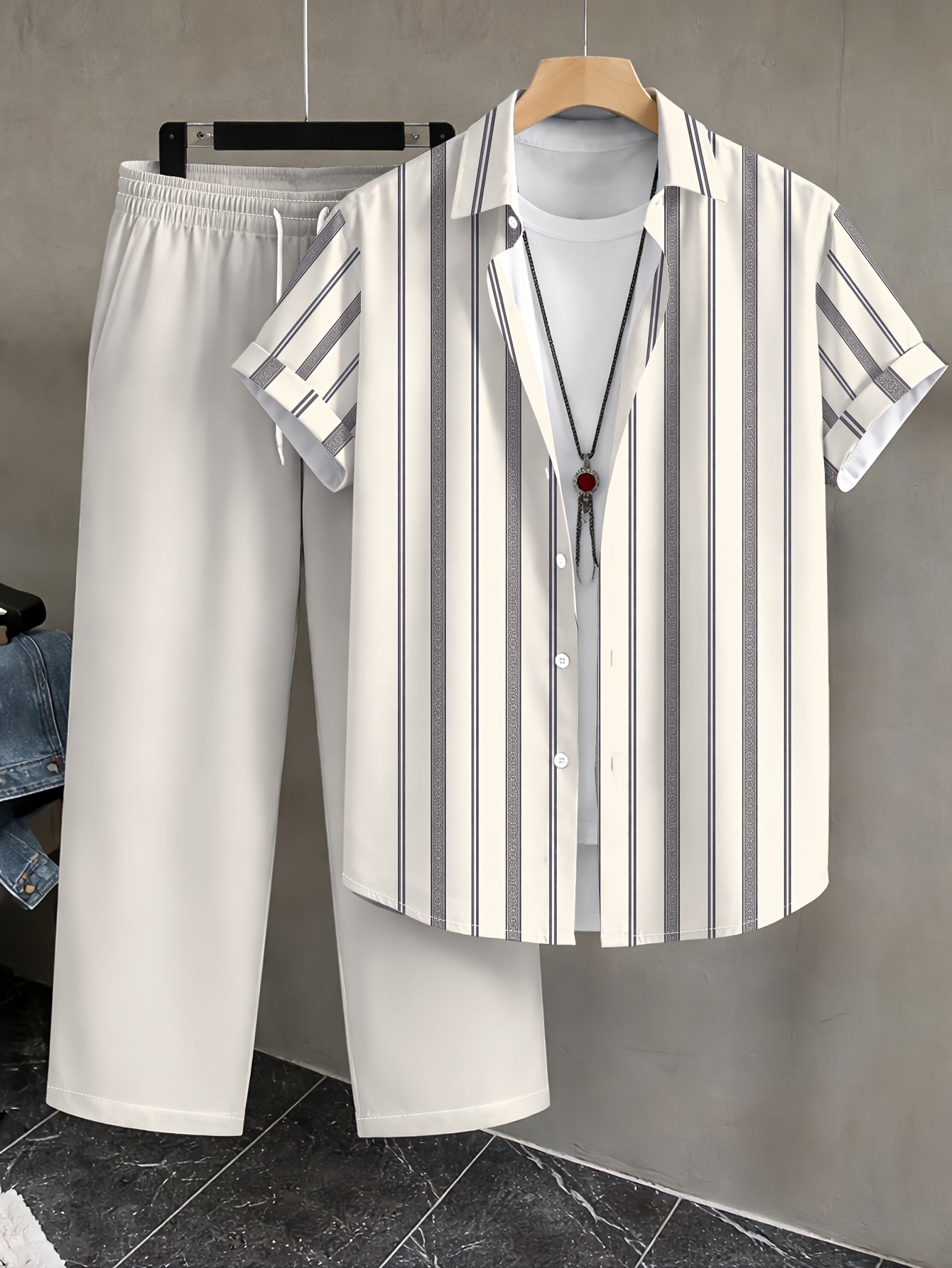 Men's Casual Summer Lapel Shirt and Long Pants Set
