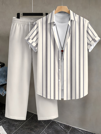 Men's Casual Summer Lapel Shirt and Long Pants Set