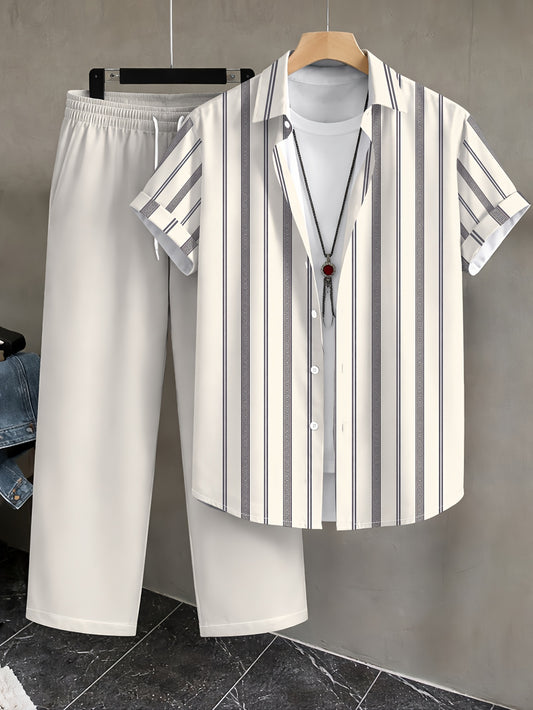 Men's Casual Summer Lapel Shirt and Long Pants Set