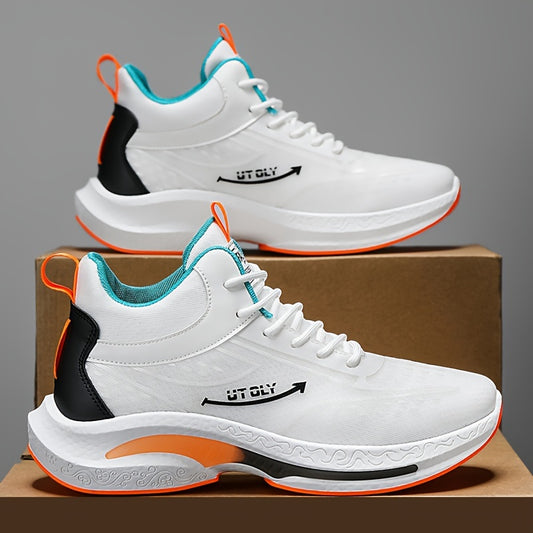 Men'S High-Top Lace-Up Athletic Sneakers - Breathable Fabric, PVC Sole, EVA Insole, Stylish Blue  White Design for Casual and Outdoor Activities, Everyday Sneakers   Sporty Casual Shoes   Durable PVC Sole
