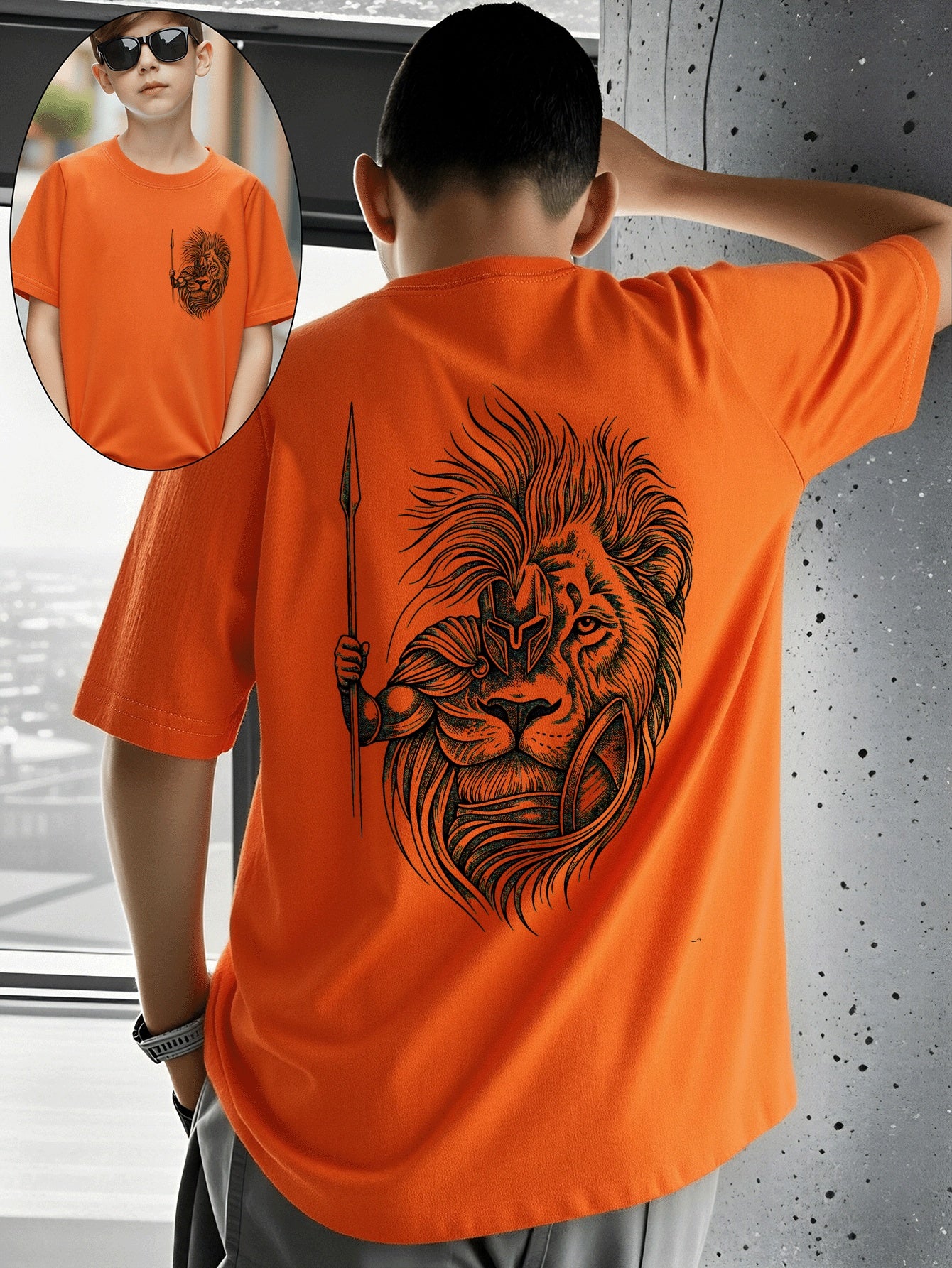 Boys' Cotton T-Shirt with Lion Warrior Print - Casual Summer Top