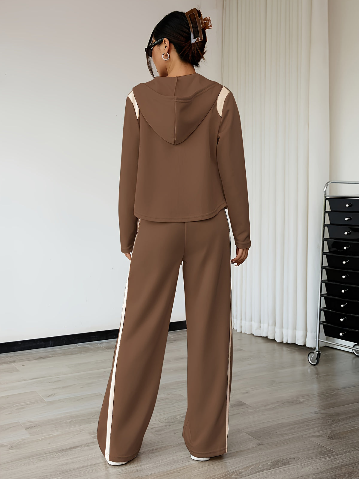 Women’s Casual Two-Piece Color Block Hoodie and Pants Set - ayq