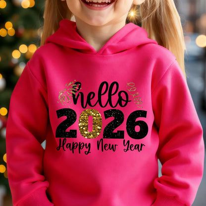 Girls' 2026 New Year'S Hooded Sweatshirt - Hello 2026 Happy New Year Lettering, Mint Green with Golden Glitter Accent, Cozy Fleece Pullover for Christmas & New Year, Winter Casual Wear, Christmas Sweatshirt, Festive Clothing,
