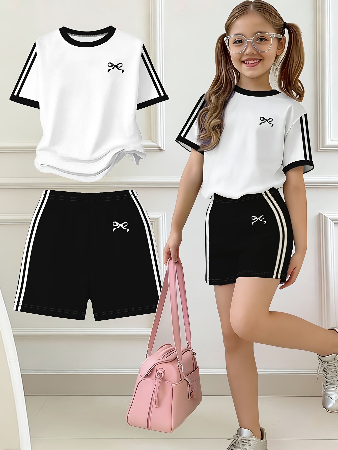 Girls' Butterfly Print Bow Short Sleeve Tee & Shorts Set