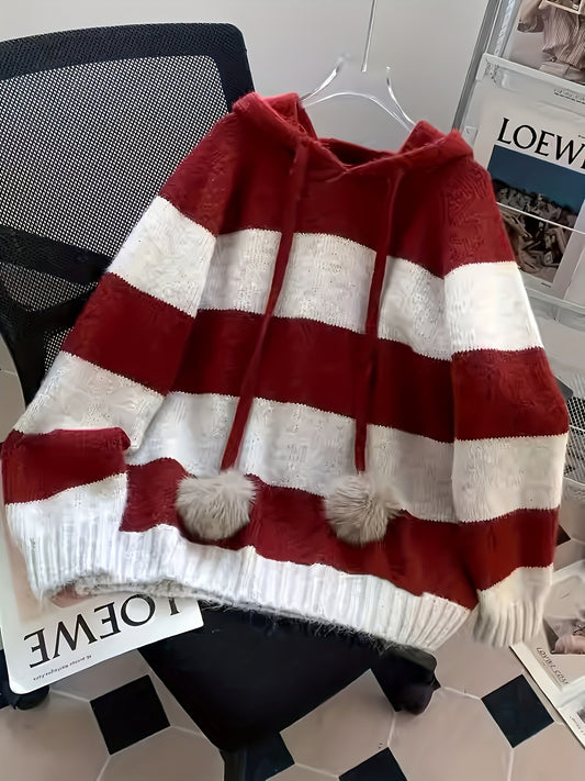 Women's Burgundy & Striped Hooded Sweater - Winter Warm Korean-Style Oversized Sweater Vest-like Pullover with Hood, Soft Sweater Jacket for Fall/Winter Layering (Machine Washable) - Elegant Casual Outerwear