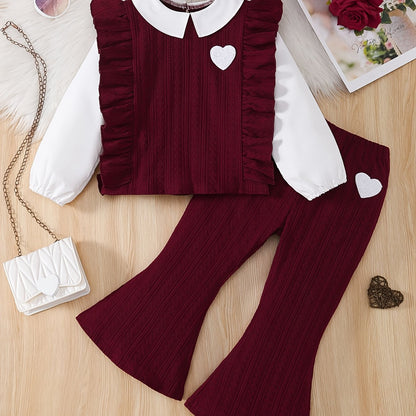 2pcs Girls' Doll Collar Long Sleeve Geometric Knit Top + Solid Color Retro Elegant Flared Pants Autumn/Winter New Set, Perfect for Outdoor