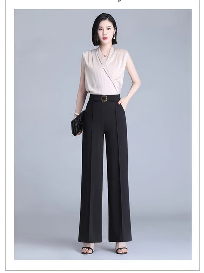 Casual Loose-Leg Polyester Pants with Button Front for Spring-Fall