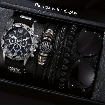 5pcs Men's Business Watch-Stylish round quartz watch electronic movement + three-bracelet fashionable glasses, suitable for office and formal occasions-Ideal gift for professionals