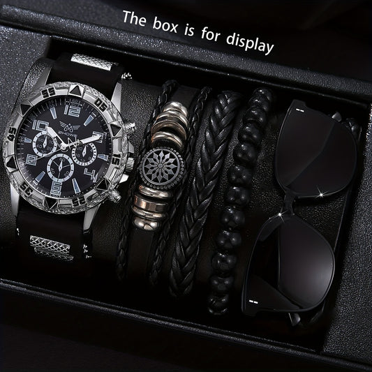 5pcs Men's Business Watch-Stylish round quartz watch electronic movement + three-bracelet fashionable glasses, suitable for office and formal occasions-Ideal gift for professionals