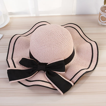 Women’s Summer Wide-Brim Straw Hat with Ruffles & Bow