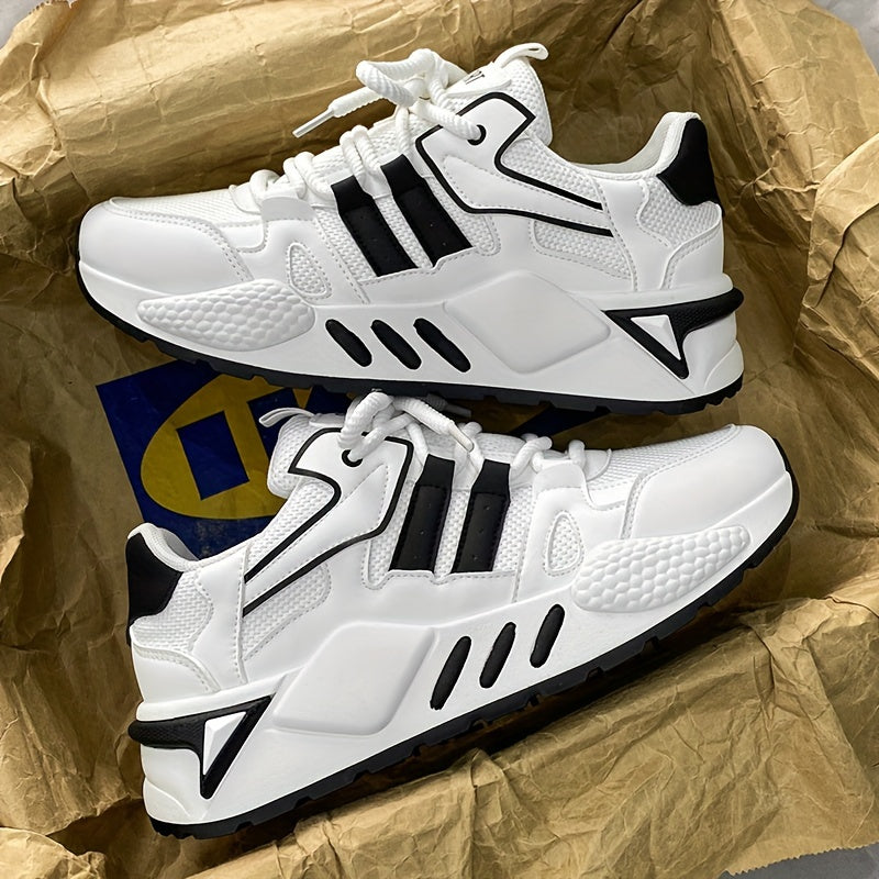 Men's Low-Top Skate Sneakers - White/Black Accent Lace-Up Shoes, Cushioned EVA Insole  Non-Slip Rubber Outsole for All-Season Urban Streetwear, Gym, Everyday - Breathable PU Upper Casual Shoes, Gym Footwear, Street Style, Du