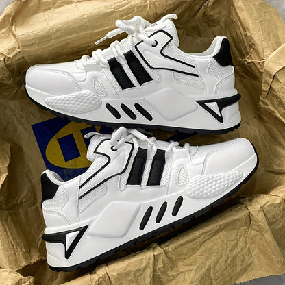 Men's Low-Top Skate Sneakers - White/Black Accent Lace-Up Shoes, Cushioned EVA Insole  Non-Slip Rubber Outsole for All-Season Urban Streetwear, Gym, Everyday - Breathable PU Upper Casual Shoes, Gym Footwear, Street Style, Du